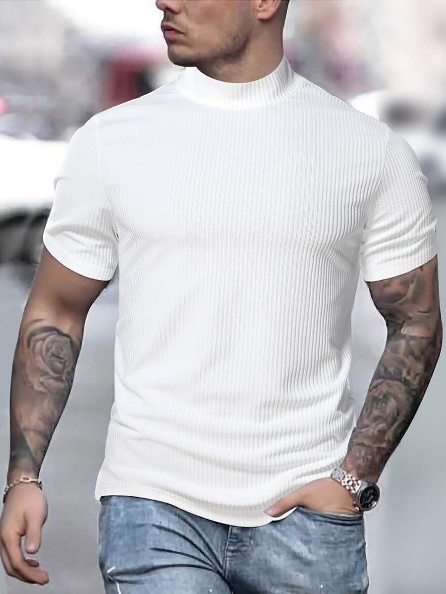 Manfinity Homme Men Mock Neck Ribbed Knit Tee - White - View 1