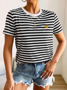 SHEIN Frenchy Áo thun nữ Thêu Tim Sọc Giải trí - Đen và trắng - Xem 4