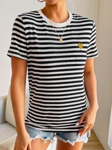 SHEIN Frenchy Áo thun nữ Thêu Tim Sọc Giải trí - Đen và trắng - Xem 5