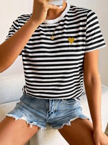 SHEIN Frenchy Áo thun nữ Thêu Tim Sọc Giải trí - Đen và trắng - Xem 6