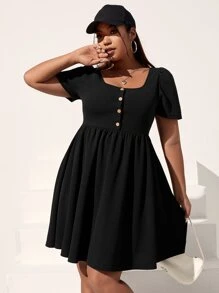 SHEIN EZwear Đầm Plus Size Nút màu trơn Giải trí - màu đen - Xem 1