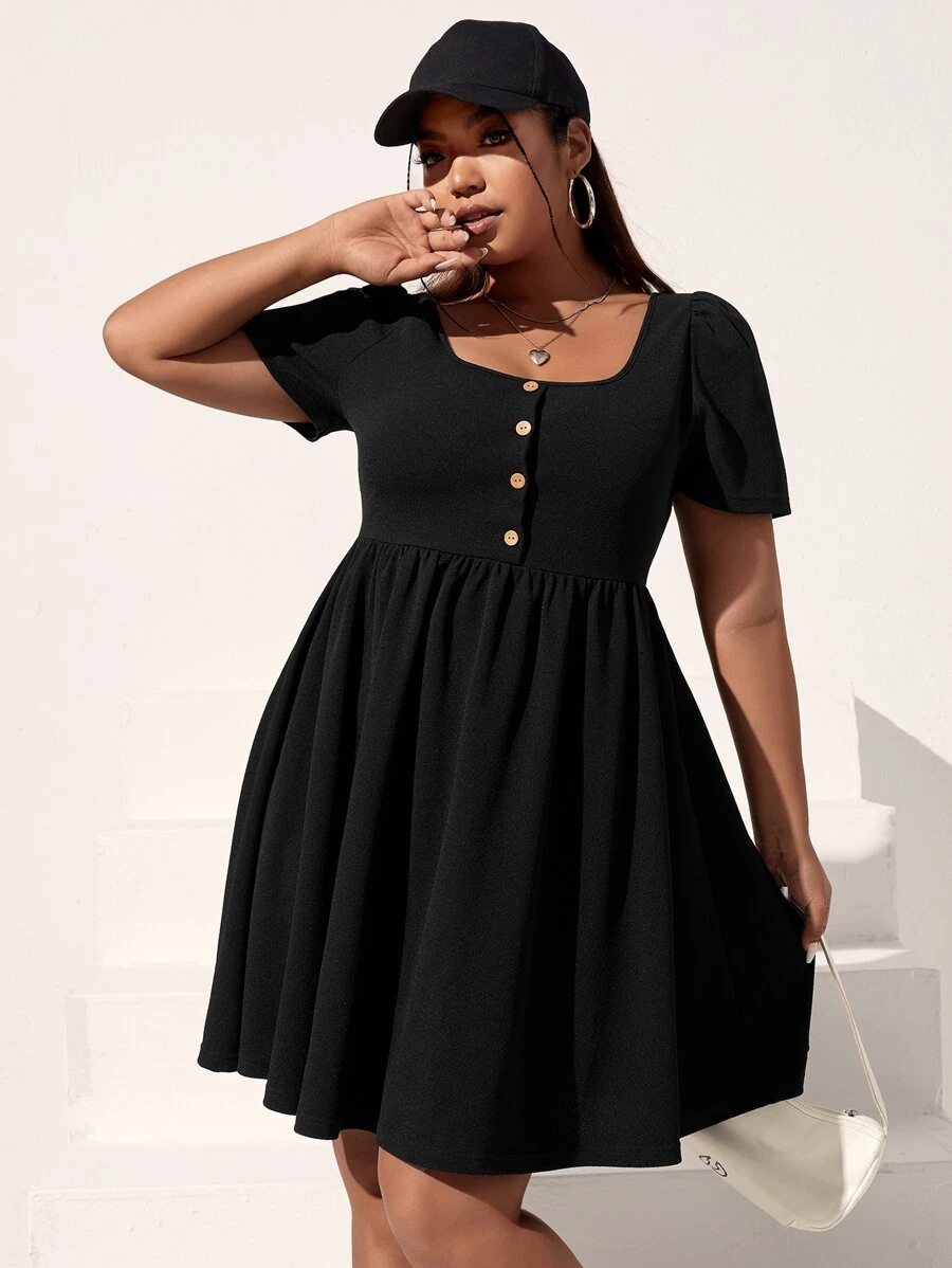 SHEIN EZwear Đầm Plus Size Nút màu trơn Giải trí - màu đen - Xem 1