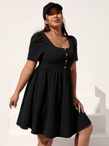 SHEIN EZwear Đầm Plus Size Nút màu trơn Giải trí - màu đen - Xem 4