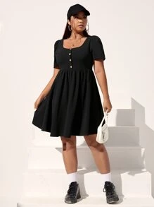 SHEIN EZwear Đầm Plus Size Nút màu trơn Giải trí - màu đen - Xem 5
