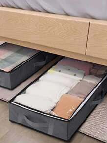 1pc Non-woven Fabric Foldable Storage Bag, Zip Front Storage Bag For Home - Grey - View 2