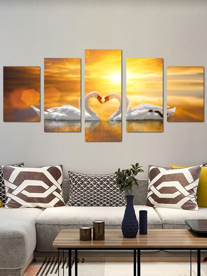 5入組/套化學纖維現代日落和天鵝樣式無框畫裝飾