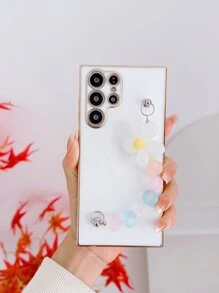 Plating Square Phone Case With Flower Decor Hand Strap Compatible With IPhone - White - View 1