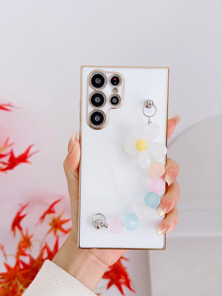 Plating Square Phone Case With Flower Decor Hand Strap Compatible With IPhone - White - View 1