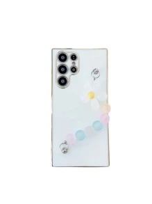 Plating Square Phone Case With Flower Decor Hand Strap Compatible With IPhone - White - View 2
