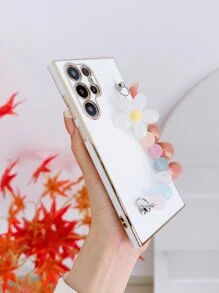 Plating Square Phone Case With Flower Decor Hand Strap Compatible With IPhone - White - View 5