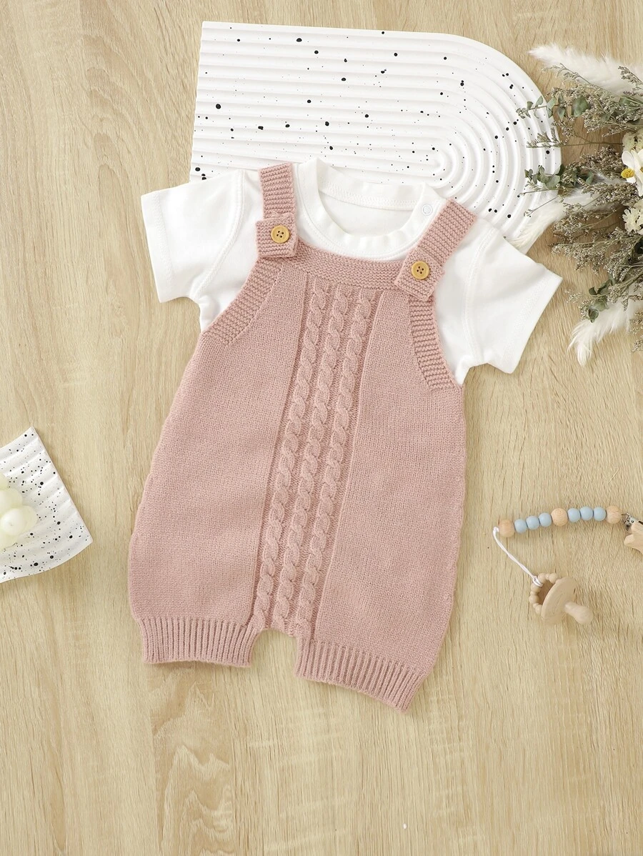 嬰兒麻花編織連身短褲不帶T恤 - 藕粉色 - 查看 1