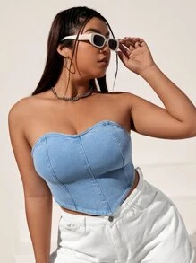 SHEIN EZwear 大碼素色手帕下擺抹胸牛仔上衣 - 淺色水洗藍 - 查看 1