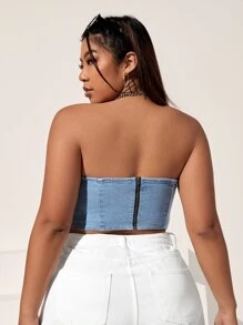 SHEIN EZwear 大碼素色手帕下擺抹胸牛仔上衣 - 淺色水洗藍 - 查看 2