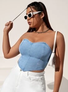 SHEIN EZwear 大碼素色手帕下擺抹胸牛仔上衣 - 淺色水洗藍 - 查看 3