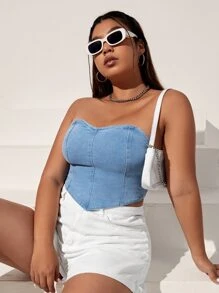 SHEIN EZwear 大碼素色手帕下擺抹胸牛仔上衣 - 淺色水洗藍 - 查看 4