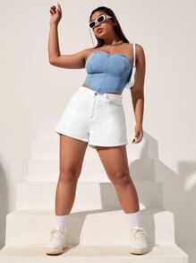 SHEIN EZwear 大碼素色手帕下擺抹胸牛仔上衣 - 淺色水洗藍 - 查看 5