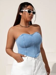 SHEIN EZwear 大碼素色手帕下擺抹胸牛仔上衣 - 淺色水洗藍 - 查看 6