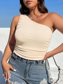 SHEIN MOD Top de un hombro fruncido - Beis - Ver 1