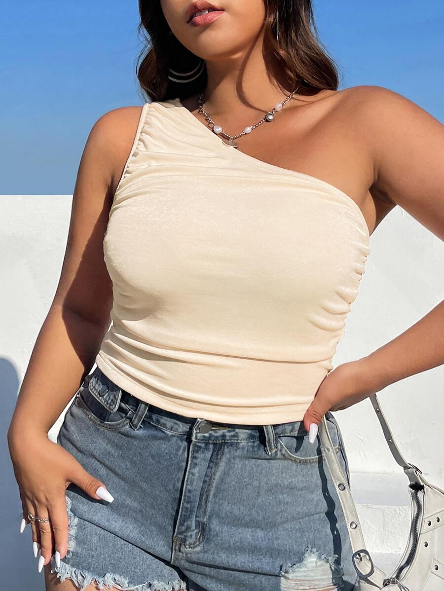 SHEIN MOD Top de un hombro fruncido - Beis - Ver 1