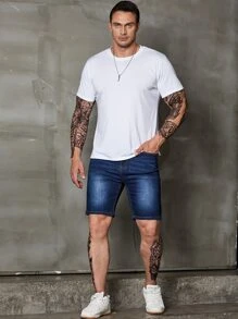 Manfinity Men Plus Slant Pocket Bermuda Denim Shorts - Dark Wash - View 4