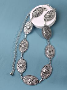 1入組女士紋理質感金屬橢圓裝飾鏈條腰帶 - 銀色 - 查看 1