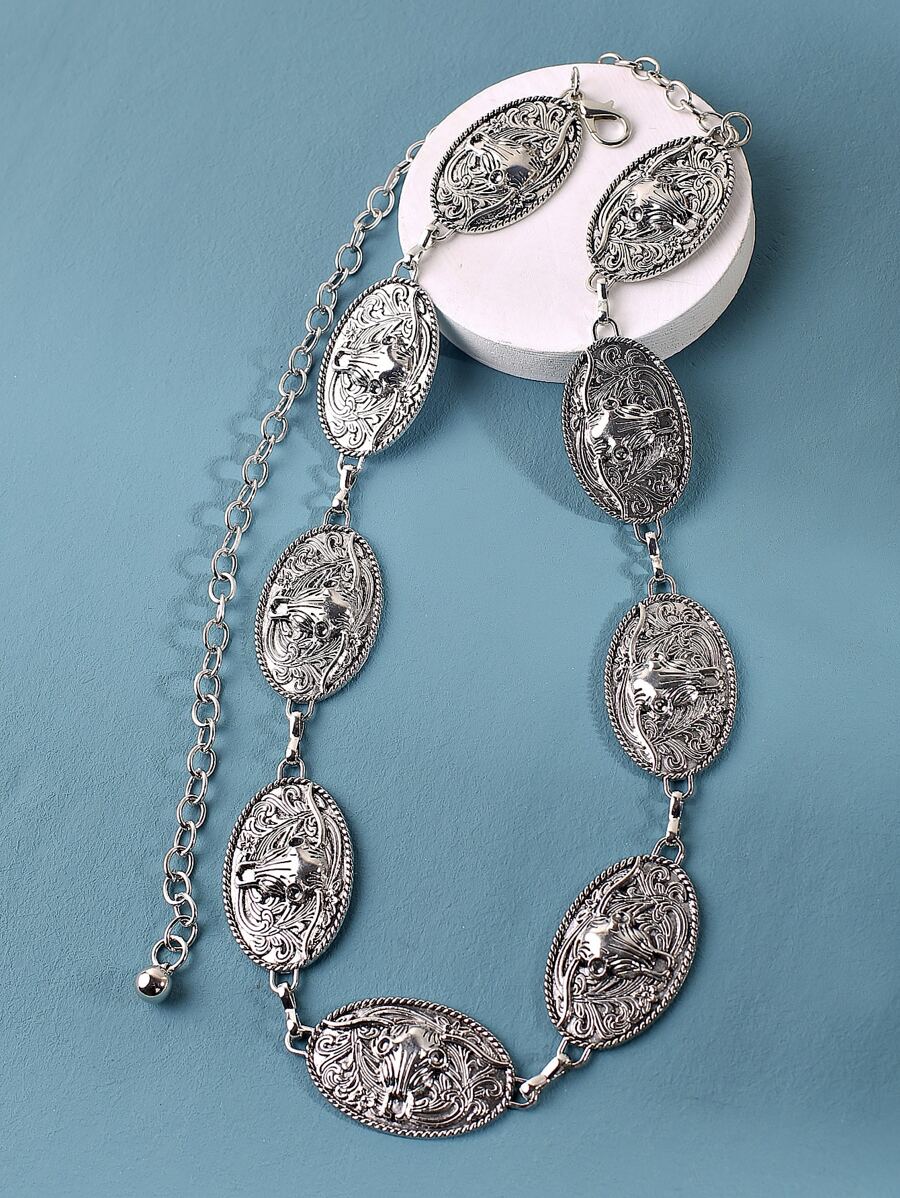 1入組女士紋理質感金屬橢圓裝飾鏈條腰帶 - 銀色 - 查看 1