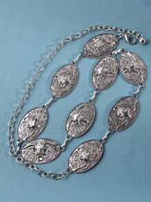 1入組女士紋理質感金屬橢圓裝飾鏈條腰帶 - 銀色 - 查看 2