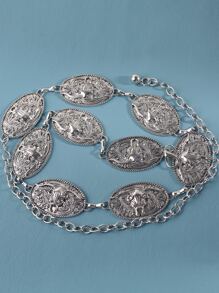 1入組女士紋理質感金屬橢圓裝飾鏈條腰帶 - 銀色 - 查看 3