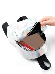 防水时尚迷你全息拉链前背包，透明包书包，适合毕业生、少女、大学一年级、二年级、三年级和四年级学生、大学和高中学生，非常适合户外、旅行和返校学校背包、学校用品、防水、轻便、可爱，适合少女、女大学生、菜鸟和白领工作者、白领工作者，非常适合返校、大学、办公室、度假、海滩 - 銀色 - 查看 2