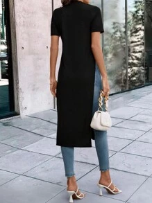 SHEIN LUNE Solid Split Thigh Longline Tee - Black - View 2