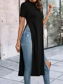 SHEIN LUNE Solid Split Thigh Longline Tee - Black - View 5