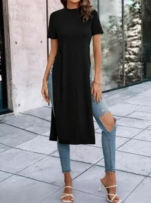 SHEIN LUNE Solid Split Thigh Longline Tee - Black - View 6