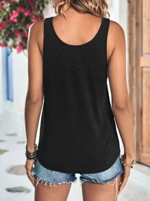 SHEIN LUNE Áo hai dây Nút phía trước màu trơn Giải trí - màu đen - Xem 2