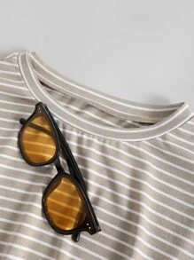 Chiquease con estampado de rayas Camiseta & de cintura con cordón Shorts - Caqui - Ver 5