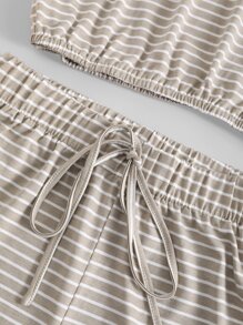 Chiquease con estampado de rayas Camiseta & de cintura con cordón Shorts - Caqui - Ver 6