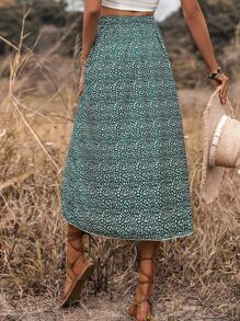 SHEIN VCAY Allover Print Split Thigh Skirt - Green - View 2