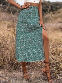 SHEIN VCAY Allover Print Split Thigh Skirt - Green - View 3