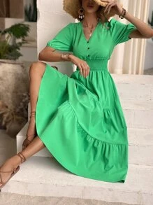 SHEIN Clasi Solid Shirred Layered Hem Dress - Green - View 4