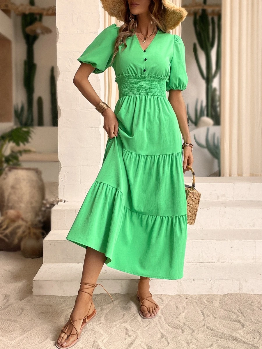 SHEIN Clasi Solid Shirred Layered Hem Dress - Green - View 1