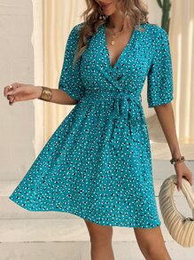 SHEIN VCAY Allover Print Belted Dress - Teal Blue - View 1
