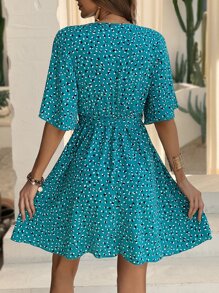 SHEIN VCAY Allover Print Belted Dress - Teal Blue - View 2