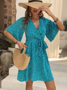 SHEIN VCAY Allover Print Belted Dress - Teal Blue - View 4