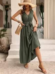 Breezaya Solid Layered Hem Belted Dress - Army Green - View 3