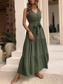 Breezaya Solid Layered Hem Belted Dress - Army Green - View 4
