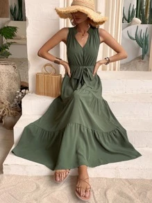 Breezaya Solid Layered Hem Belted Dress - Army Green - View 6