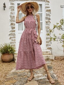 SHEIN VCAY Ditsy Floral Print Belted Halter Dress - Red - View 6