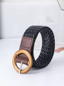 Round Buckle Woven Belt - Black - View 1