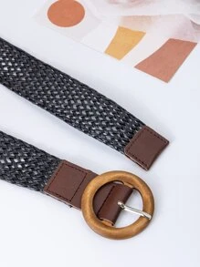 Round Buckle Woven Belt - Black - View 3