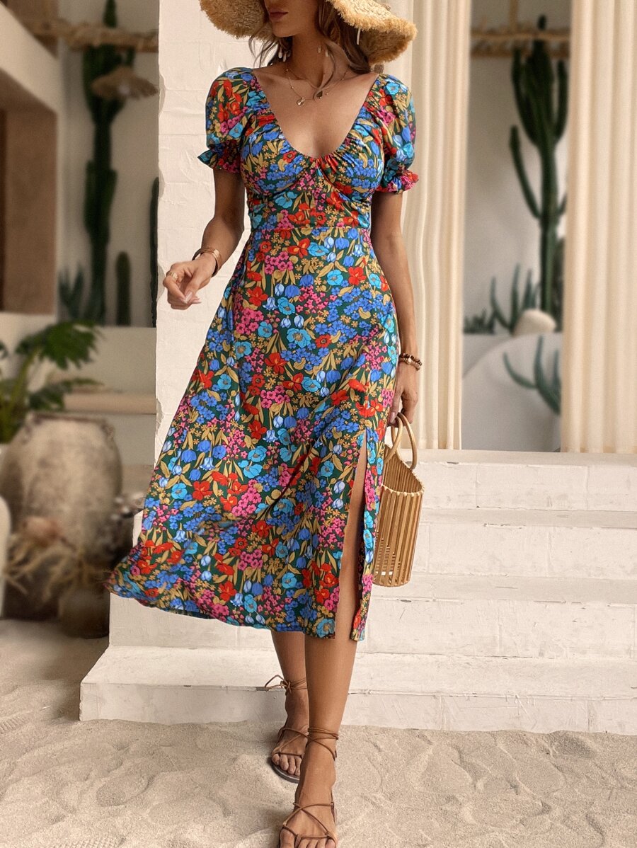 Breezaya Allover Floral Print Shirred Ruffle Trim Puff Sleeve Split Thigh Dress - Multicolor - View 1