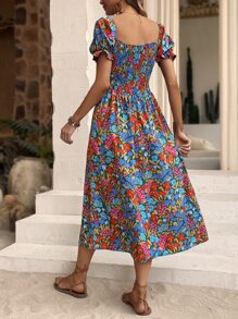 Breezaya Allover Floral Print Shirred Ruffle Trim Puff Sleeve Split Thigh Dress - Multicolor - View 2